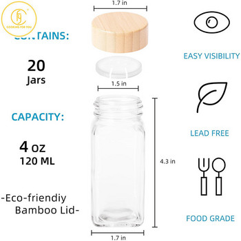 6 бр. 4 унции стъклени буркани за съхранение на подправки с бамбуков капак Кухненска солница Контейнер за съхранение на подправки за билки Инструменти за подправки