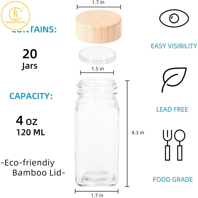 6 vnt 4 uncijų stikliniai prieskonių laikymo stiklainiai su bambuko dangteliu Virtuvinė druskos plaktuvas pipirų prieskonių laikymo talpykla Žolelių prieskonių įrankiai