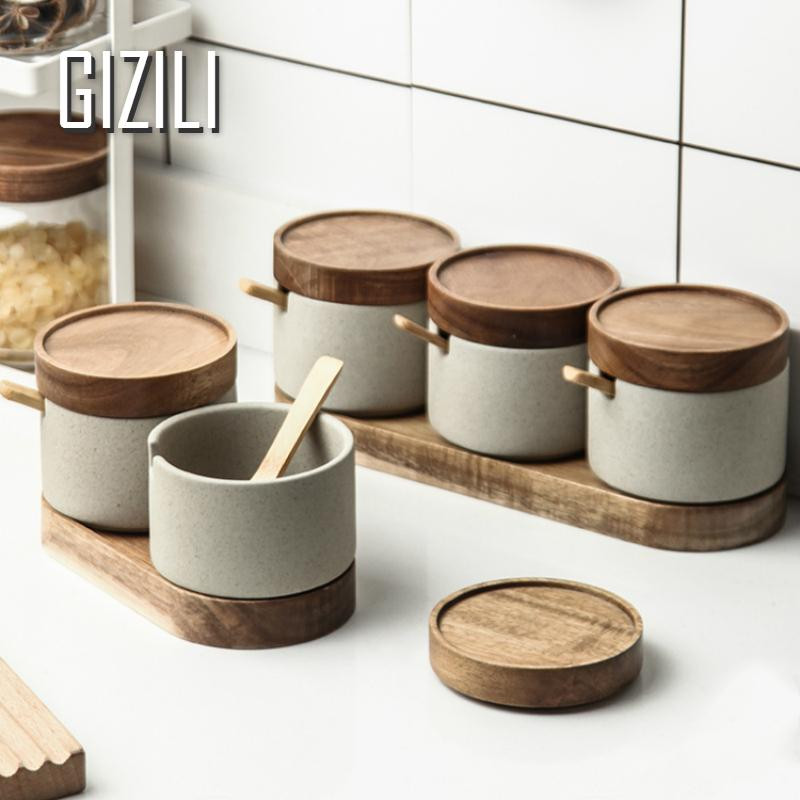 Borcan de condiment din ceramică de bucătărie cu capac din lemn și lingură sare piper sticle de depozitare organizare recipient pentru mâncare accesorii de bucătărie