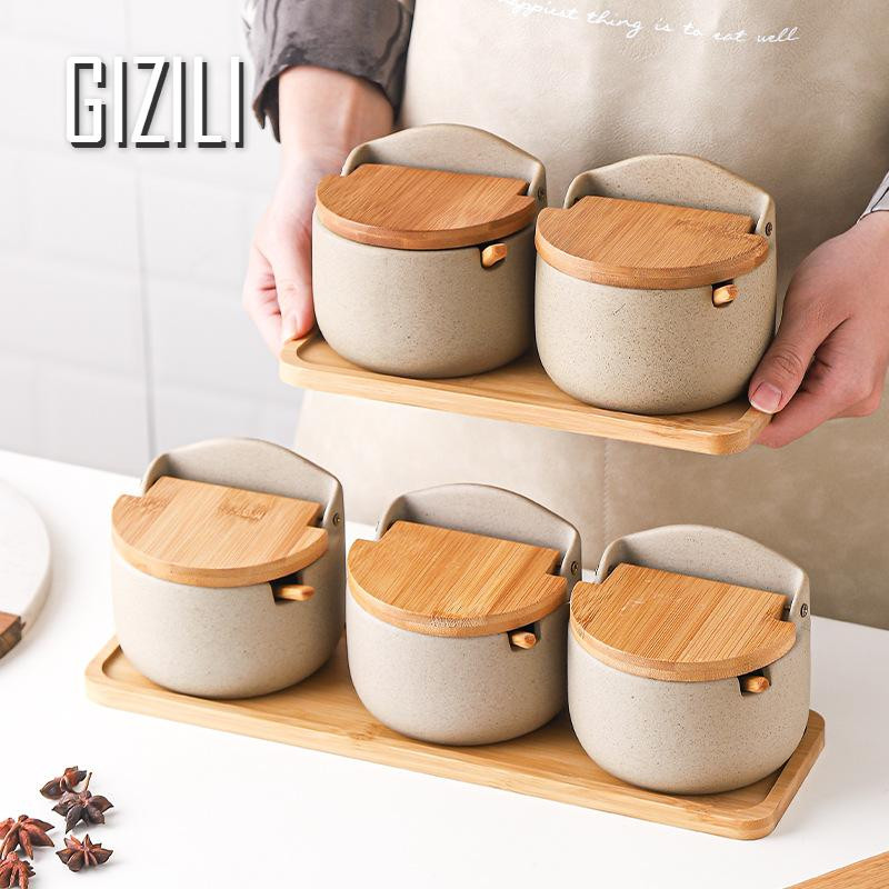 Borcan de condiment din ceramică de bucătărie cu capac din lemn și lingură sare piper sticle de depozitare organizare recipient pentru mâncare accesorii de bucătărie