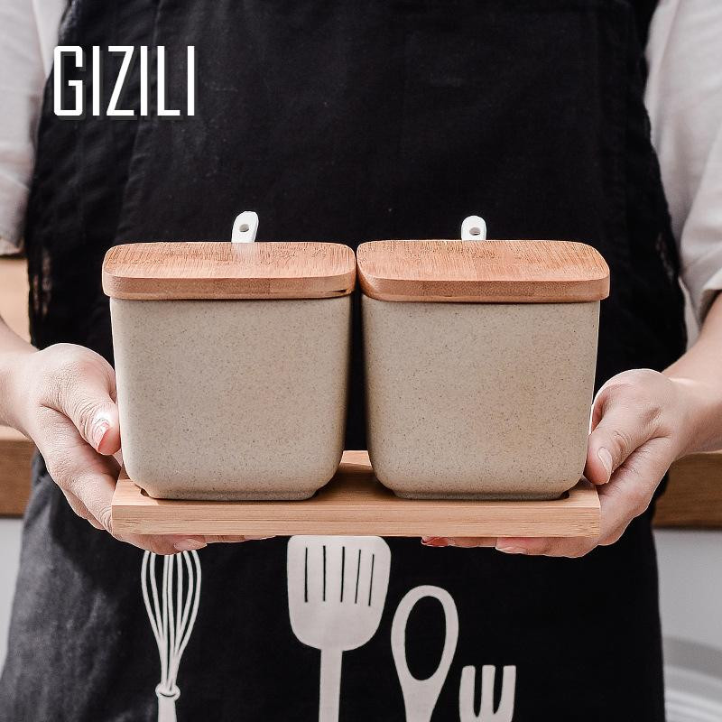 Borcan de condiment din ceramică de bucătărie cu capac din lemn și lingură sare piper sticle de depozitare organizare recipient pentru mâncare accesorii de bucătărie