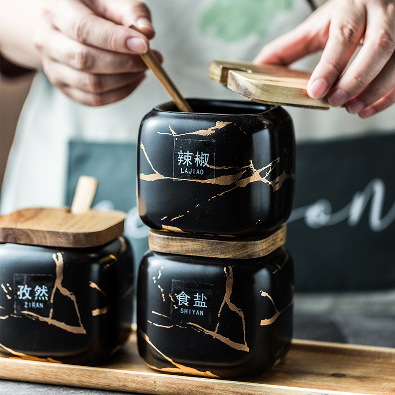 Set borcane din ceramică pentru condimente, sticle de depozitare din marmură de bucătărie, capac din lemn, sare pentru zahăr, set de borcane pentru condimente, accesorii pentru bucătărie