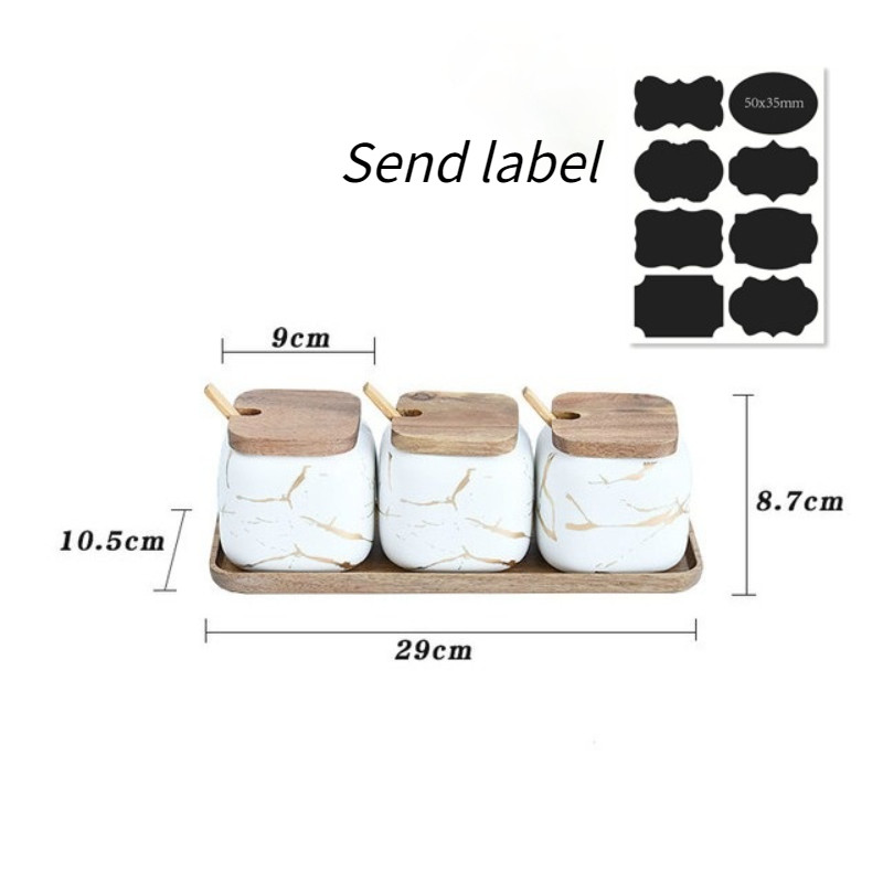 Set borcane din ceramică pentru condimente, sticle de depozitare din marmură de bucătărie, capac din lemn, sare pentru zahăr, set de borcane pentru condimente, accesorii pentru bucătărie