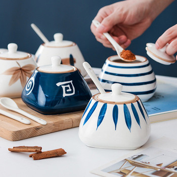 Керамични ръчно рисувани буркани за подправки в японски стил Кухненска шейкър за сол и черен пипер Бутилка за подправки Захарница с капак Лъжица