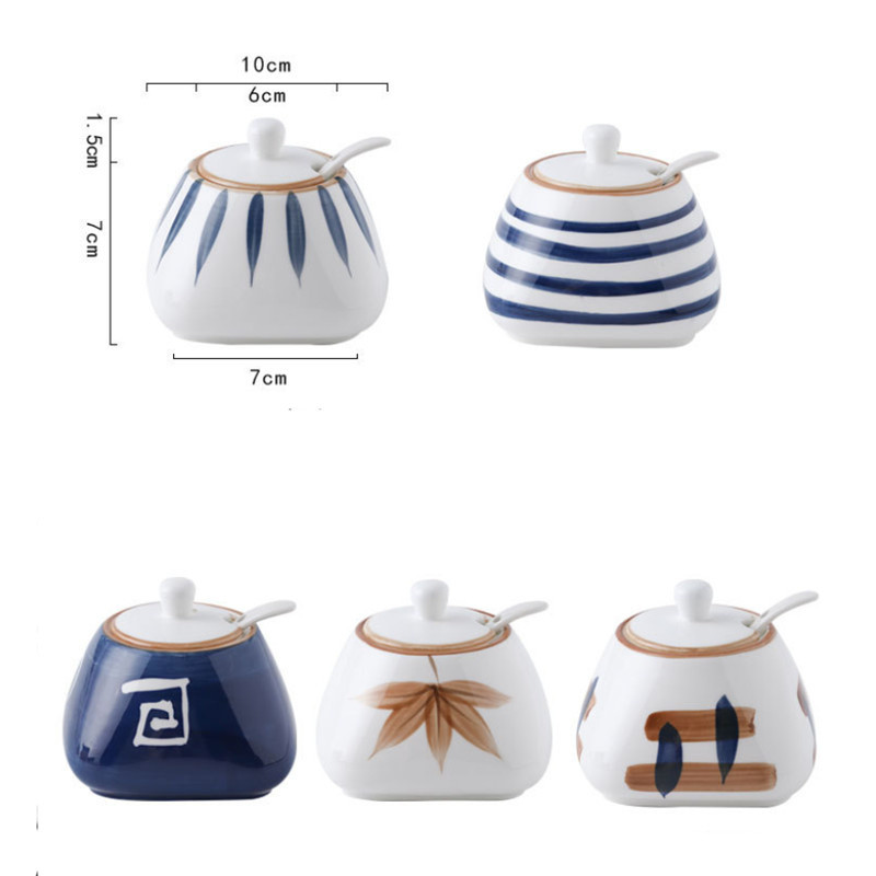 Japoniško stiliaus keraminis rankomis dažytas prieskonių indelių rinkinys Virtuvinis druskos ir pipirų plaktuvas prieskonių buteliuko cukraus dubuo su dangteliu šaukštas