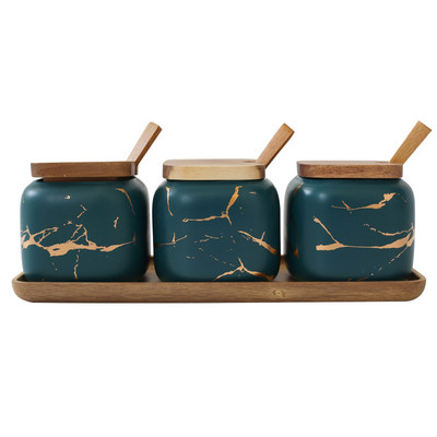 Cutie de condimente din ceramică din marmură mată nordică Set de rezervor cutie de bucătărie creativă Tavă cu capac din lemn Saliera Borcan de condimente Accesorii pentru casă