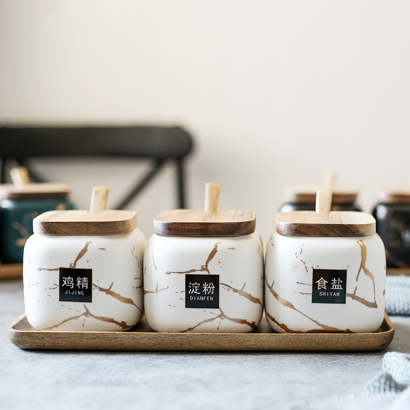 Cutie de condimente din ceramică din marmură mată nordică Set de rezervor cutie de bucătărie creativă Tavă cu capac din lemn Saliera Borcan de condimente Accesorii pentru casă