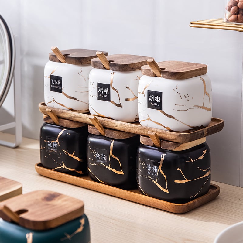 Cutie de condimente din ceramică din marmură mată nordică Set de rezervor cutie de bucătărie creativă Tavă cu capac din lemn Saliera Borcan de condimente Accesorii pentru casă