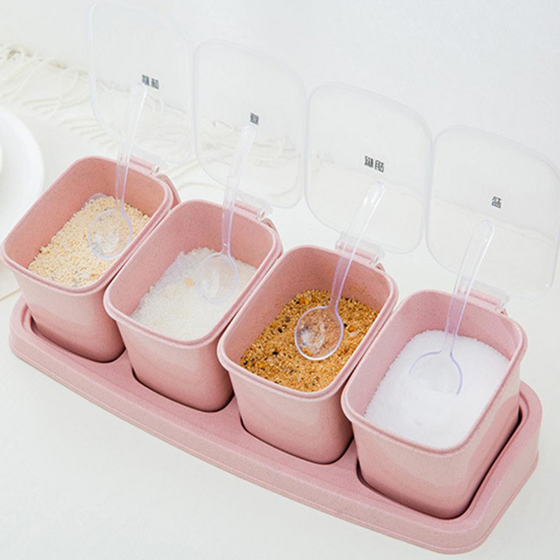 Set cutie de condimente cu 4 grile pentru condimente Sare Borcane de zahăr Recipient de depozitare pentru condimente cu piper cu linguri mici Accesorii de bucătărie