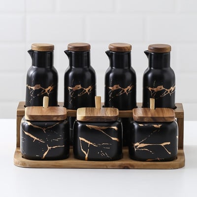 Mat mramorni uzorak Keramičke kuhinjske staklenke za začine Set uljarica Drveni poklopac Solanka Staklenke za začine Set kuhinjskih polica za pohranu začina
