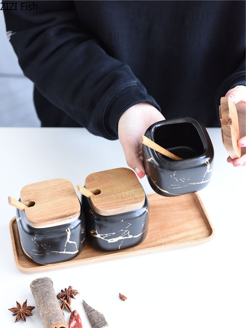 Mat mramorni uzorak Keramičke kuhinjske staklenke za začine Set uljarica Drveni poklopac Solanka Staklenke za začine Set kuhinjskih polica za pohranu začina