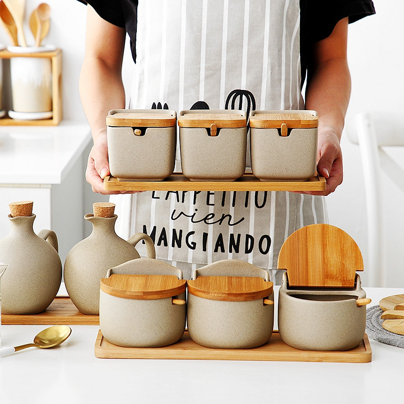 Borcan de condimente din ceramică gri în stil japonez Borcan pentru zahăr/sare Costum pentru depozitare în bucătărie Instrument de condiment cu capac Condiment minimalist din ceramică