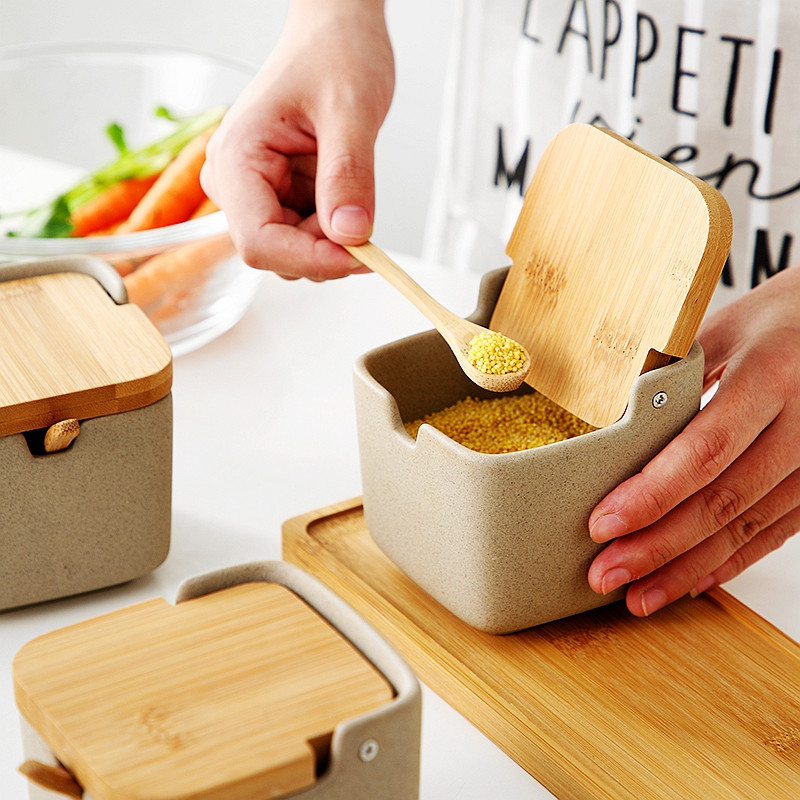 Borcan de condimente din ceramică gri în stil japonez Borcan pentru zahăr/sare Costum pentru depozitare în bucătărie Instrument de condiment cu capac Condiment minimalist din ceramică