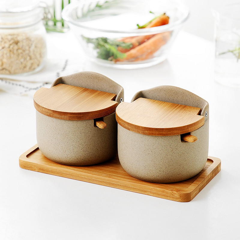 Borcan de condimente din ceramică gri în stil japonez Borcan pentru zahăr/sare Costum pentru depozitare în bucătărie Instrument de condiment cu capac Condiment minimalist din ceramică