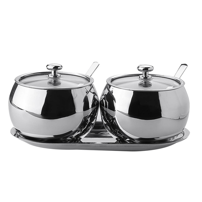 Cukornička s viečkom a lyžičkou, 2 nerezové soľničky, sada korenín, dózy na korenie, strieborná