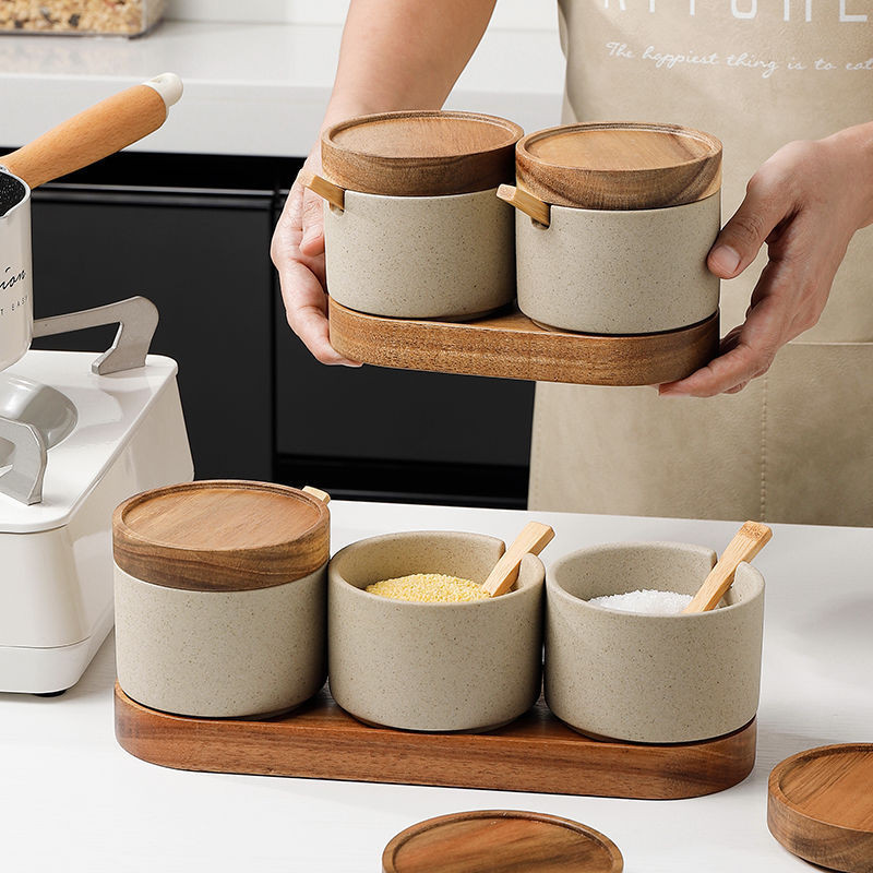 Borcan de condiment din ceramică de bucătărie cu capac din lemn și lingură sare piper sticle de depozitare organizare recipient pentru mâncare accesorii de bucătărie