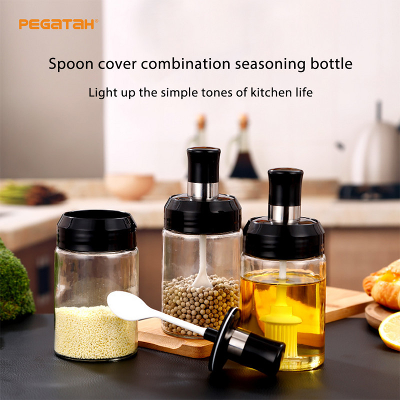 Stiklinės prieskonių dėžutės šaukštas ir dangtelis Integruotas prieskonių buteliuko derinys Prieskonių stiklainis Virtuvės reikmenys Namų druskos plaktuvo aliejaus butelių rinkinys