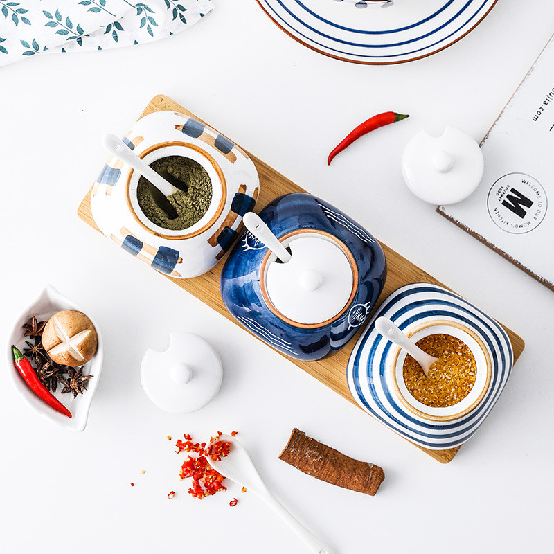 Kerámia fűszeres edénykészlet konyhai háztartási sótartó fűszeres doboz fűszeres üveg fűszercukor MSG fűszeres edény