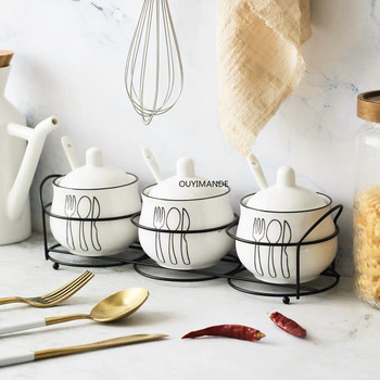 Nordic Ceramic Σετ δεξαμενής αλατιού πιπεριού Cruet καρυκεύματα με σιδερένια θήκη Κουτάλι καρυκεύματα Ζάχαρη μπαχαρικό Κουτί αποθήκευσης Εργαλεία μαγειρέματος