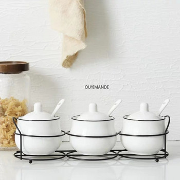 Nordic Ceramic Σετ δεξαμενής αλατιού πιπεριού Cruet καρυκεύματα με σιδερένια θήκη Κουτάλι καρυκεύματα Ζάχαρη μπαχαρικό Κουτί αποθήκευσης Εργαλεία μαγειρέματος