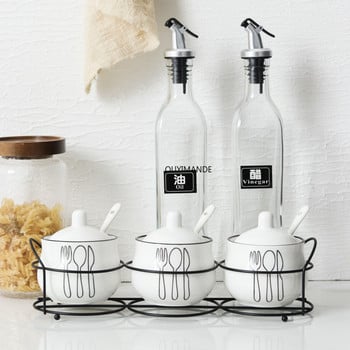 Nordic Ceramic Σετ δεξαμενής αλατιού πιπεριού Cruet καρυκεύματα με σιδερένια θήκη Κουτάλι καρυκεύματα Ζάχαρη μπαχαρικό Κουτί αποθήκευσης Εργαλεία μαγειρέματος