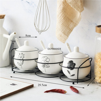 Nordic Ceramic Σετ δεξαμενής αλατιού πιπεριού Cruet καρυκεύματα με σιδερένια θήκη Κουτάλι καρυκεύματα Ζάχαρη μπαχαρικό Κουτί αποθήκευσης Εργαλεία μαγειρέματος