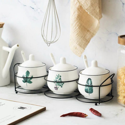 Skandináv kerámia sóbors tartály szett Cruet fűszeres tégely vastartóval kanál ételízesítő cukor fűszer tároló doboz főzőeszközök