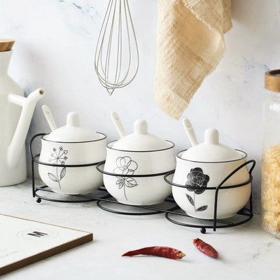 Skandináv kerámia sóbors tartály szett Cruet fűszeres tégely vastartóval kanál ételízesítő cukor fűszer tároló doboz főzőeszközök