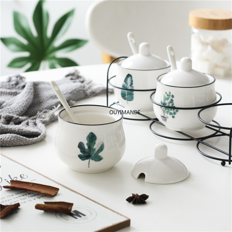 Skandináv kerámia sóbors tartály szett Cruet fűszeres tégely vastartóval kanál ételízesítő cukor fűszer tároló doboz főzőeszközök