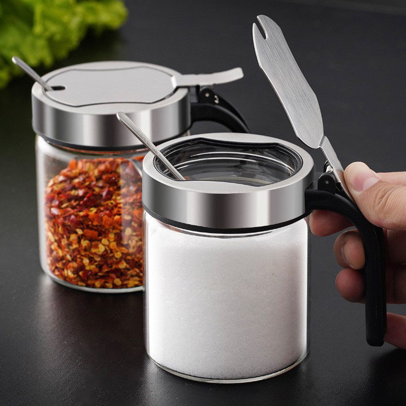 Üveg rozsdamentes acél fűszerek flakon konyha cukor só tároló tégelyek új ételízesítő tartály fűszeres tároló doboz kanállal 1 db