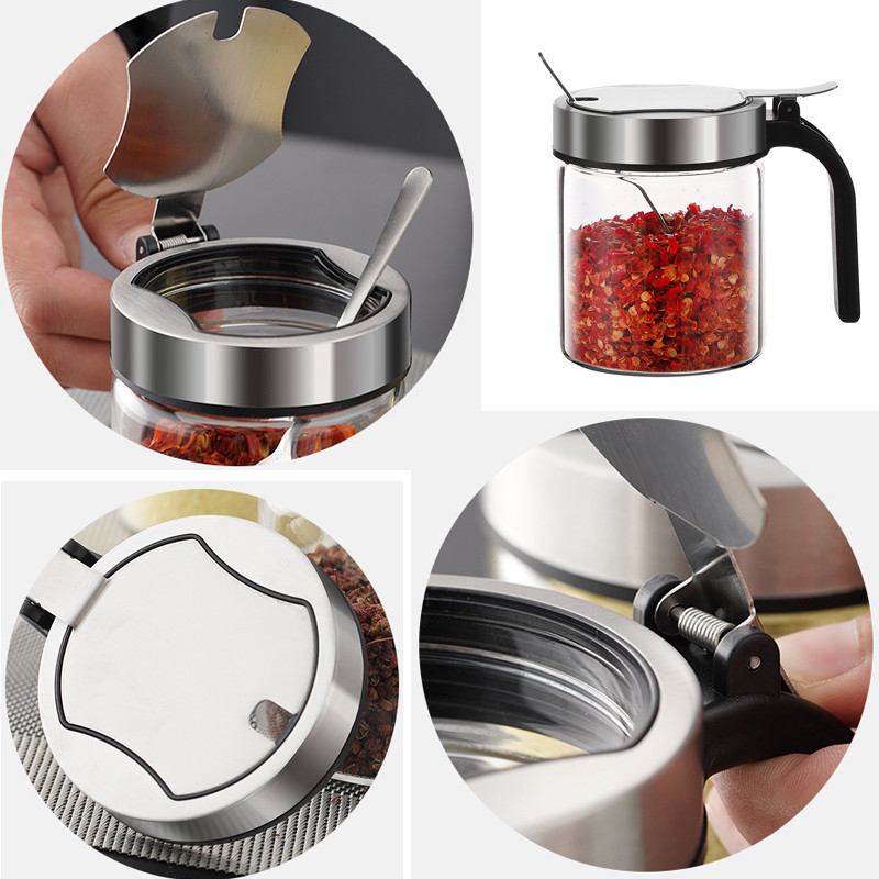 Üveg rozsdamentes acél fűszerek flakon konyha cukor só tároló tégelyek új ételízesítő tartály fűszeres tároló doboz kanállal 1 db