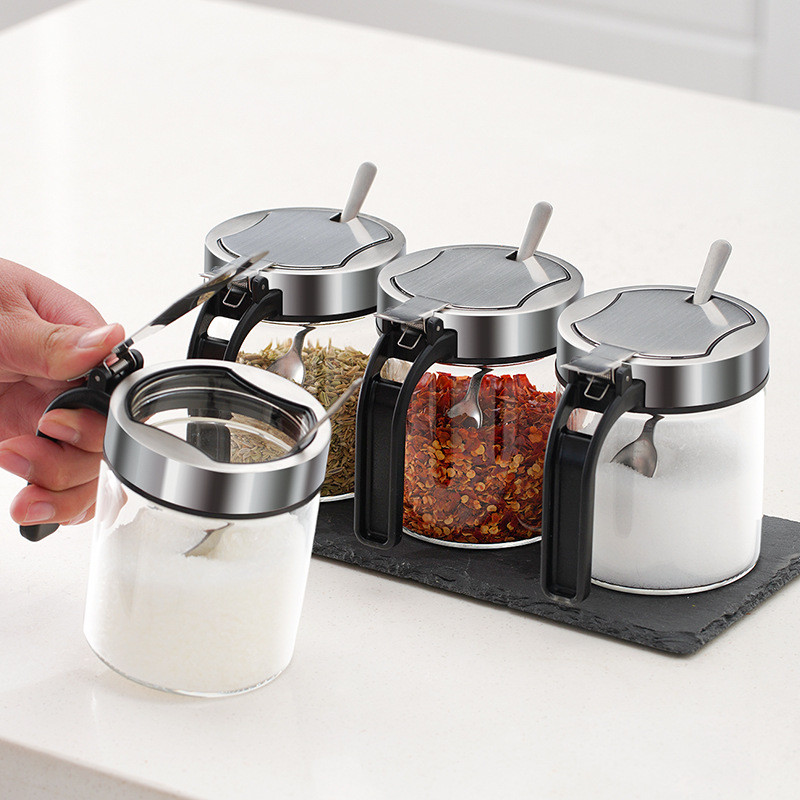 Üveg rozsdamentes acél fűszerek flakon konyha cukor só tároló tégelyek új ételízesítő tartály fűszeres tároló doboz kanállal 1 db