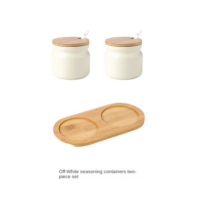 Borcan de condimente din ceramică cu capac din lemn Saliner Accesorii de bucătărie Set de linguri pentru borcan de condimente alb Cutie de zahăr