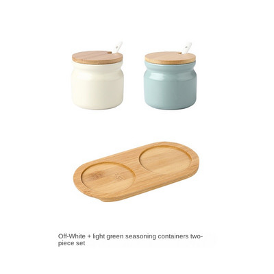 Borcan de condimente din ceramică cu capac din lemn Saliner Accesorii de bucătărie Set de linguri pentru borcan de condimente alb Cutie de zahăr