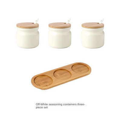 Borcan de condimente din ceramică cu capac din lemn Saliner Accesorii de bucătărie Set de linguri pentru borcan de condimente alb Cutie de zahăr