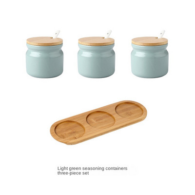 Borcan de condimente din ceramică cu capac din lemn Saliner Accesorii de bucătărie Set de linguri pentru borcan de condimente alb Cutie de zahăr