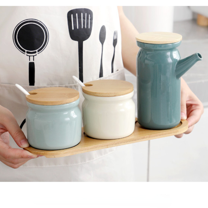 Borcan de condimente din ceramică cu capac din lemn Saliner Accesorii de bucătărie Set de linguri pentru borcan de condimente alb Cutie de zahăr