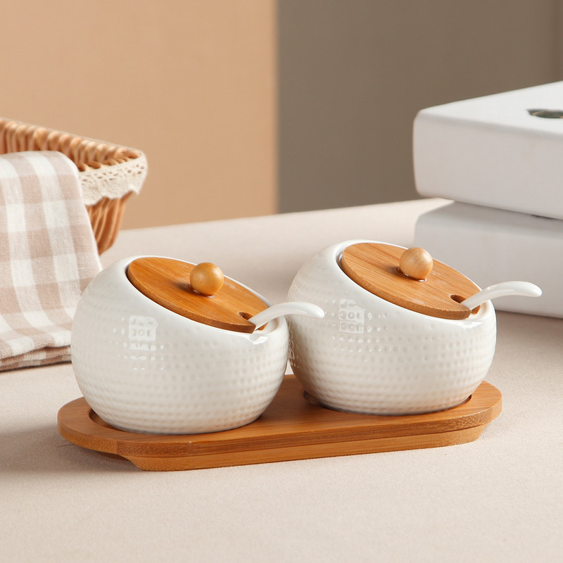 Konyhai kiegészítők 1-7db/Szett Kerámia fűszeres edény szett Fa tálcás fűszertartó fa fedővel Fűszerdoboz Sószóró