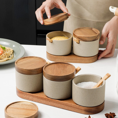 Set de borcane din ceramică pentru condimente de bucătărie Borcan de zahăr și sare cu capac Cutie de depozitare a alimentelor de mare capacitate Container de bucătărie