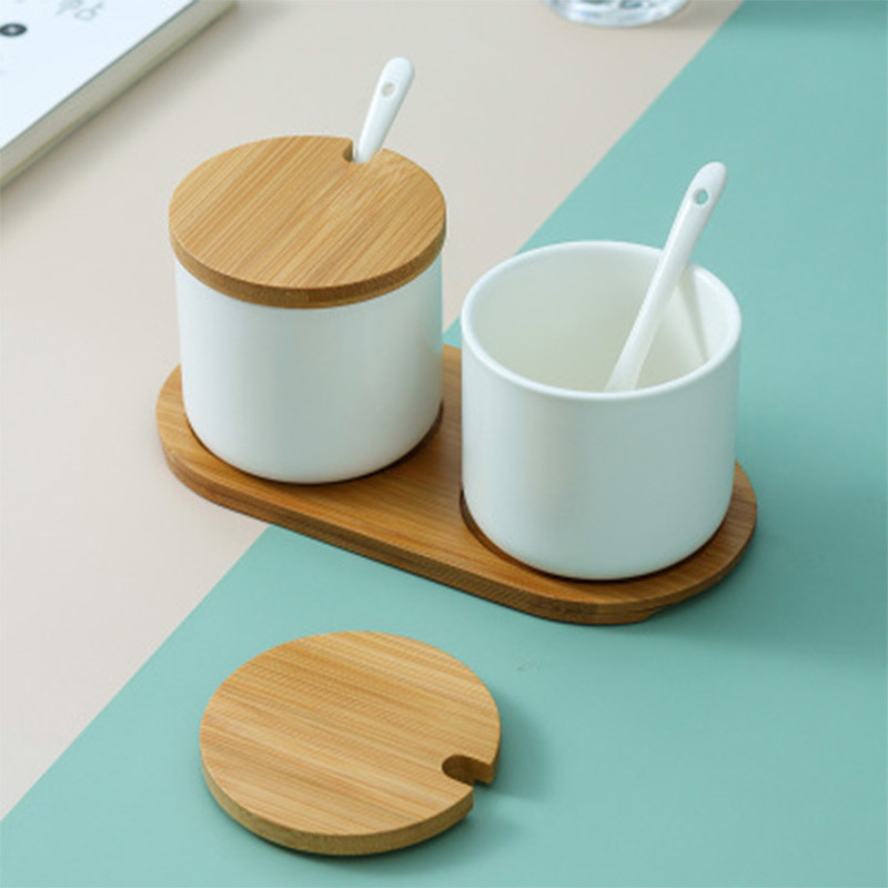 Borcan de condimente din ceramică de uz casnic cu capac din lemn, accesorii de bucătărie, cutie de condimente, cutie de condimente, cutie de condimente