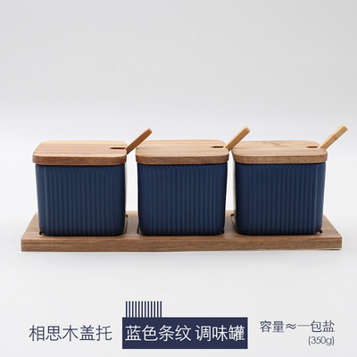 Borcan de condiment din ceramică cu dungi mat cu capac din lemn Linguriță Recipient de depozitare a alimentelor de bucătărie Ulei de uz casnic Oală de sare Sticlă de oțet