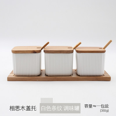 Borcan de condiment din ceramică cu dungi mat cu capac din lemn Linguriță Recipient de depozitare a alimentelor de bucătărie Ulei de uz casnic Oală de sare Sticlă de oțet