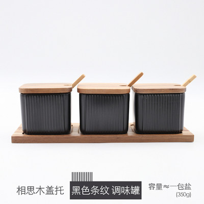 Borcan de condiment din ceramică cu dungi mat cu capac din lemn Linguriță Recipient de depozitare a alimentelor de bucătărie Ulei de uz casnic Oală de sare Sticlă de oțet