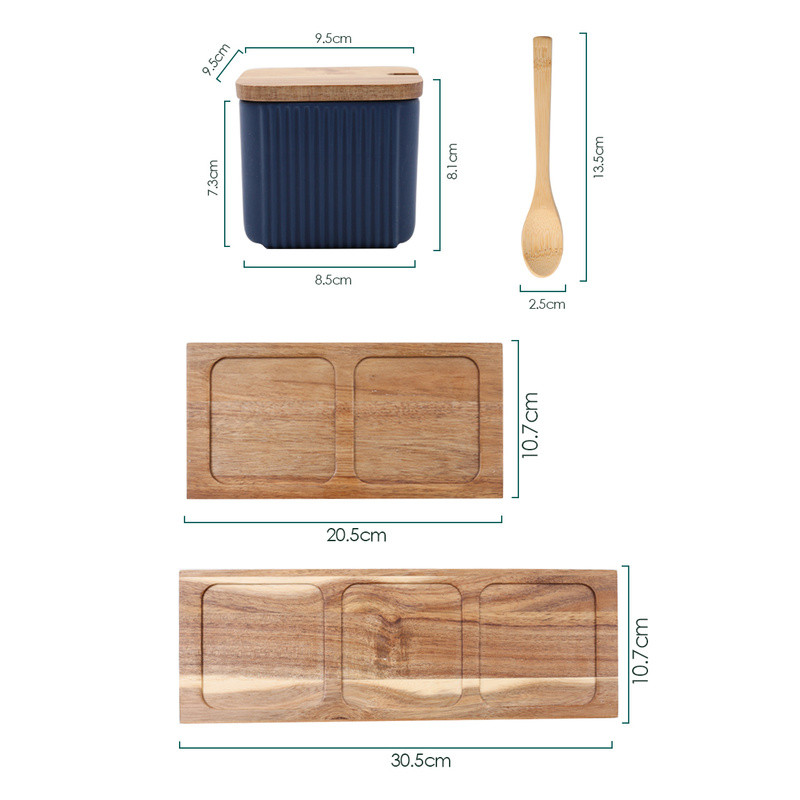 Borcan de condiment din ceramică cu dungi mat cu capac din lemn Linguriță Recipient de depozitare a alimentelor de bucătărie Ulei de uz casnic Oală de sare Sticlă de oțet