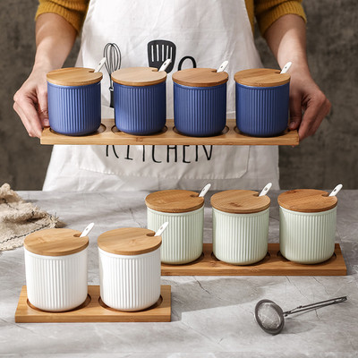 Ghiveci de condiment din ceramică în stil nordic Rezervor de depozitare creativ pentru zahăr și sare Set combinat de oală de condimente de bucătărie Recipient pentru alimente