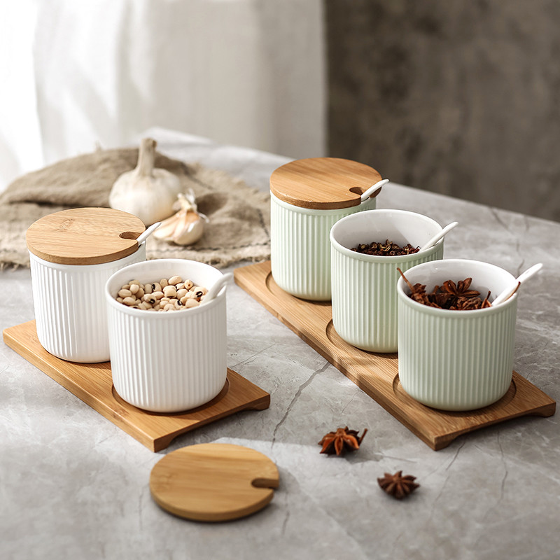 Ghiveci de condiment din ceramică în stil nordic Rezervor de depozitare creativ pentru zahăr și sare Set combinat de oală de condimente de bucătărie Recipient pentru alimente