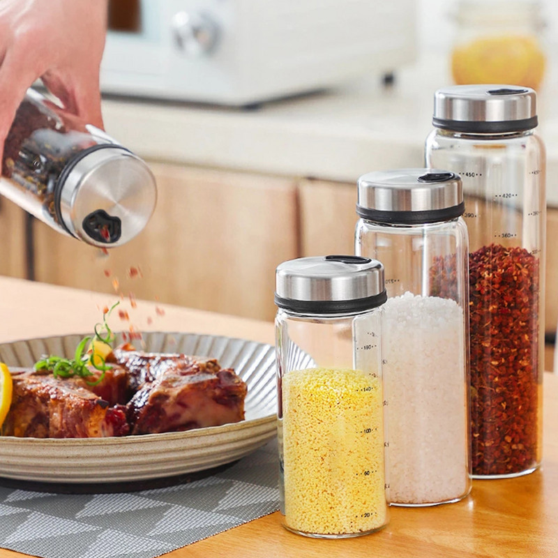 Condimente din sticlă borosilicată cu conținut ridicat de sare, susan, condiment solid, sigiliu, sticlă, 4 ieșiri, borcan de condimente, agitator de piper cu capac rotativ