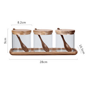 3 vnt Prieskonių stiklainių konteinerių rinkinys su šaukštu mediniu dangteliu, sandariu stikliniu indeliu Druskos Cukrus Pipirų Žolelių Grilio prieskonių Butelis Virtuvės įrankis