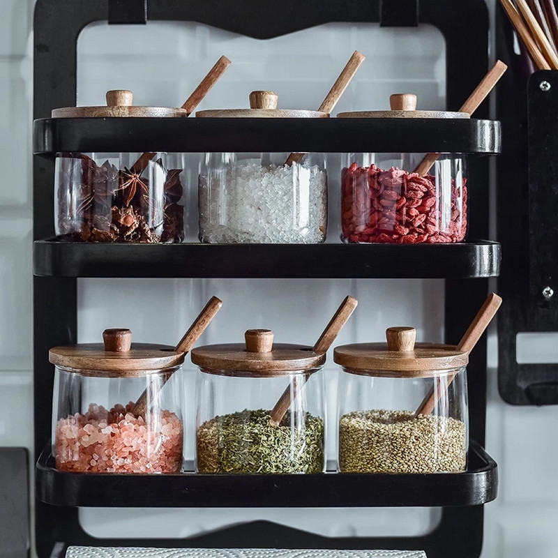 3 vnt Prieskonių stiklainių konteinerių rinkinys su šaukštu mediniu dangteliu, sandariu stikliniu indeliu Druskos Cukrus Pipirų Žolelių Grilio prieskonių Butelis Virtuvės įrankis