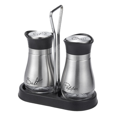 Set de scuturi de sare și piper - oțel inoxidabil de calitate superioară cu fund de sticlă și suport de 4 inchi - 4 inch x 6 inch x 2 inch, 4 oz.